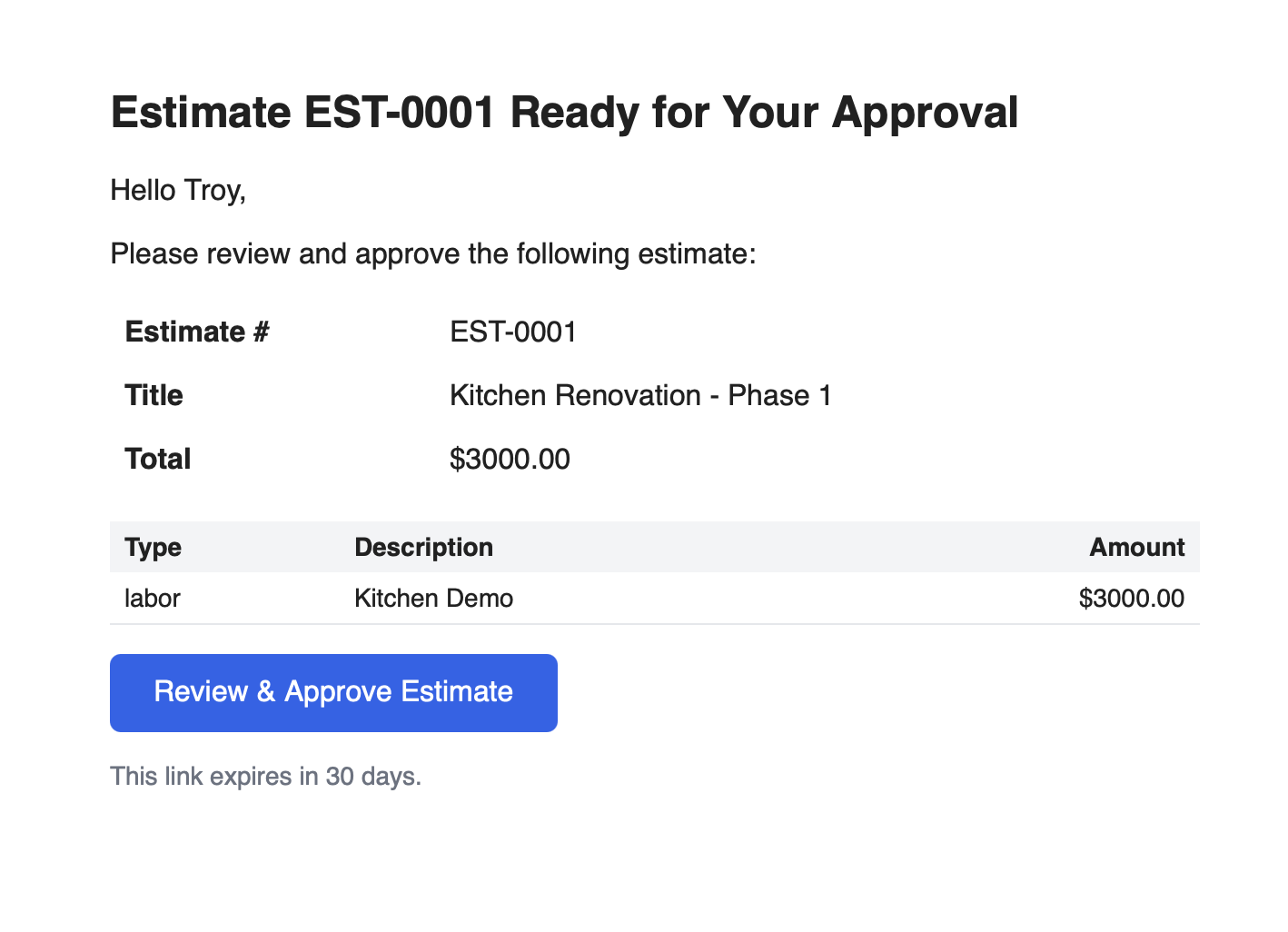 JobClocked estimate approval email