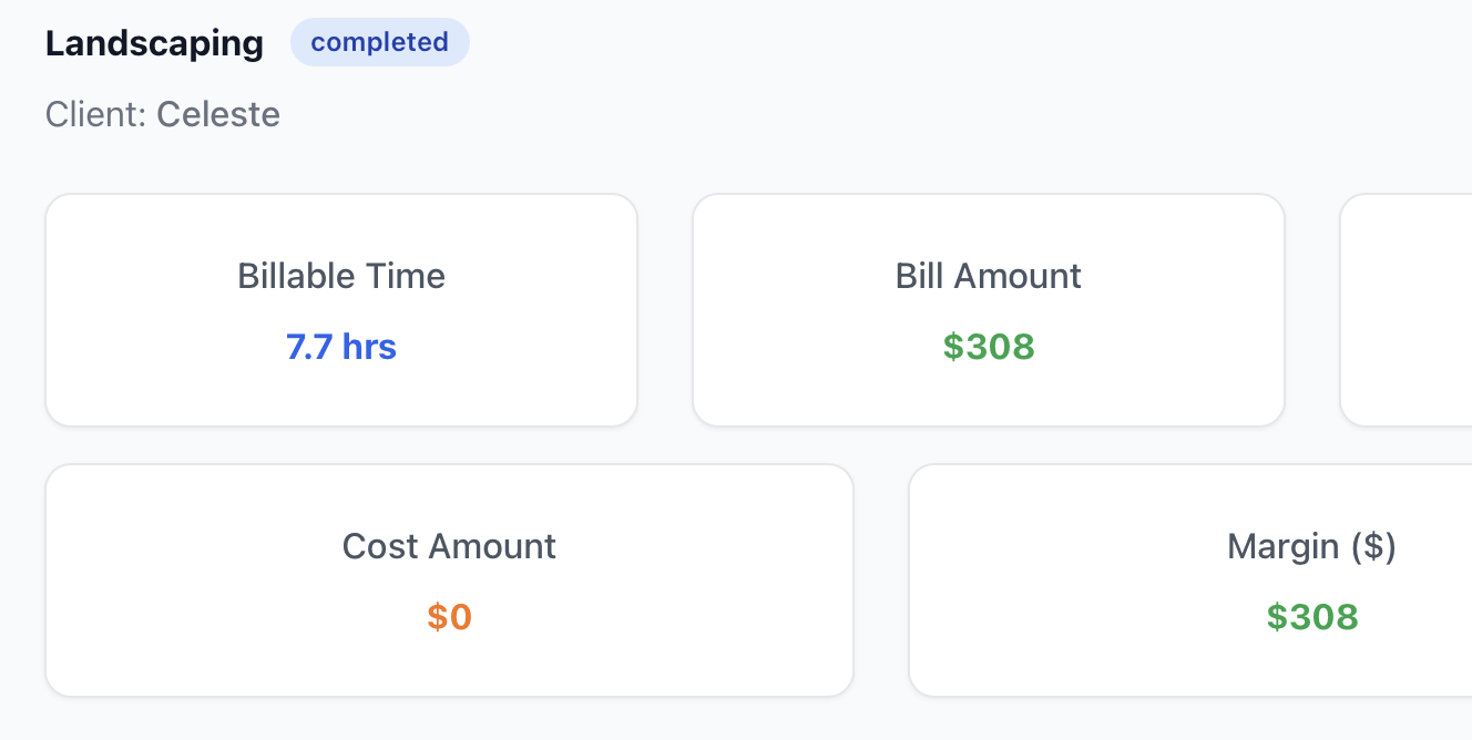 Completed job view showing billable time, bill amount, cost amount and dollar margin