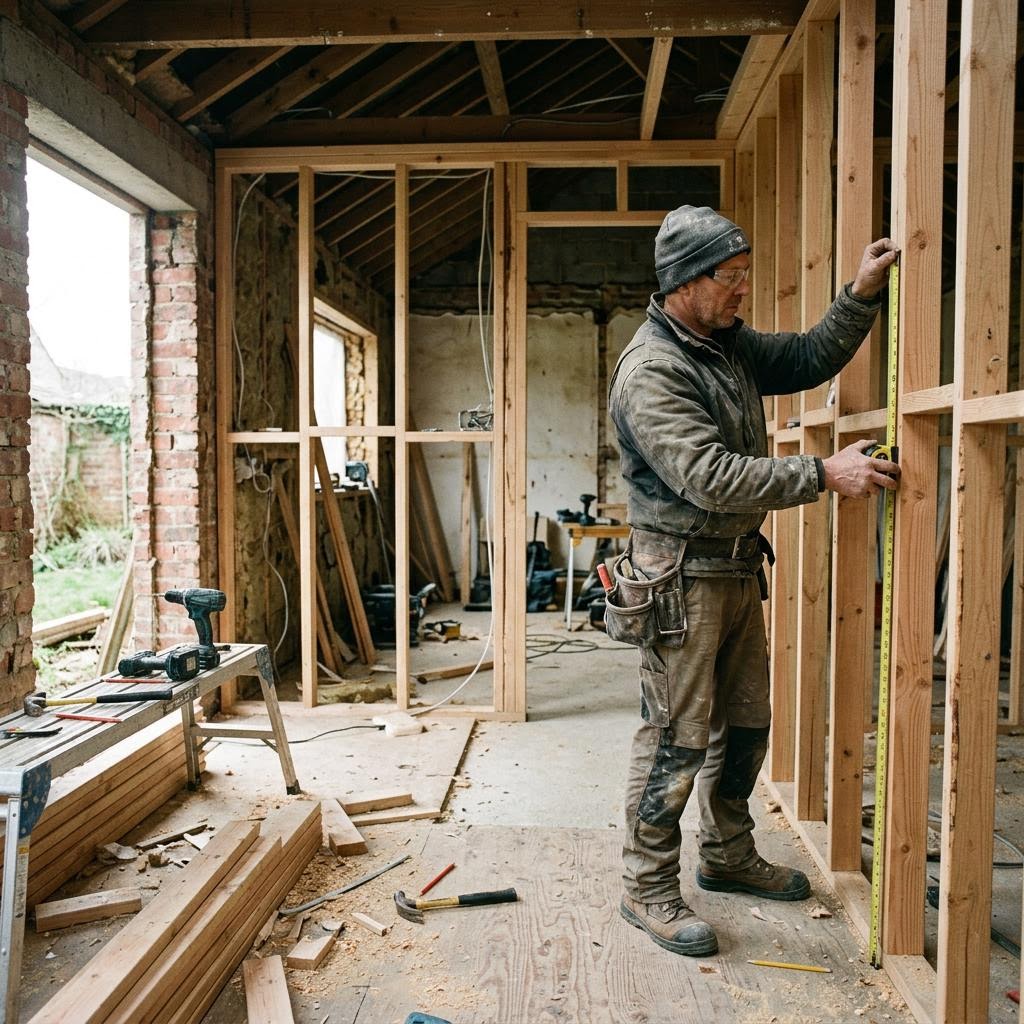 Contractor measuring a timber stud wall during a residential renovation