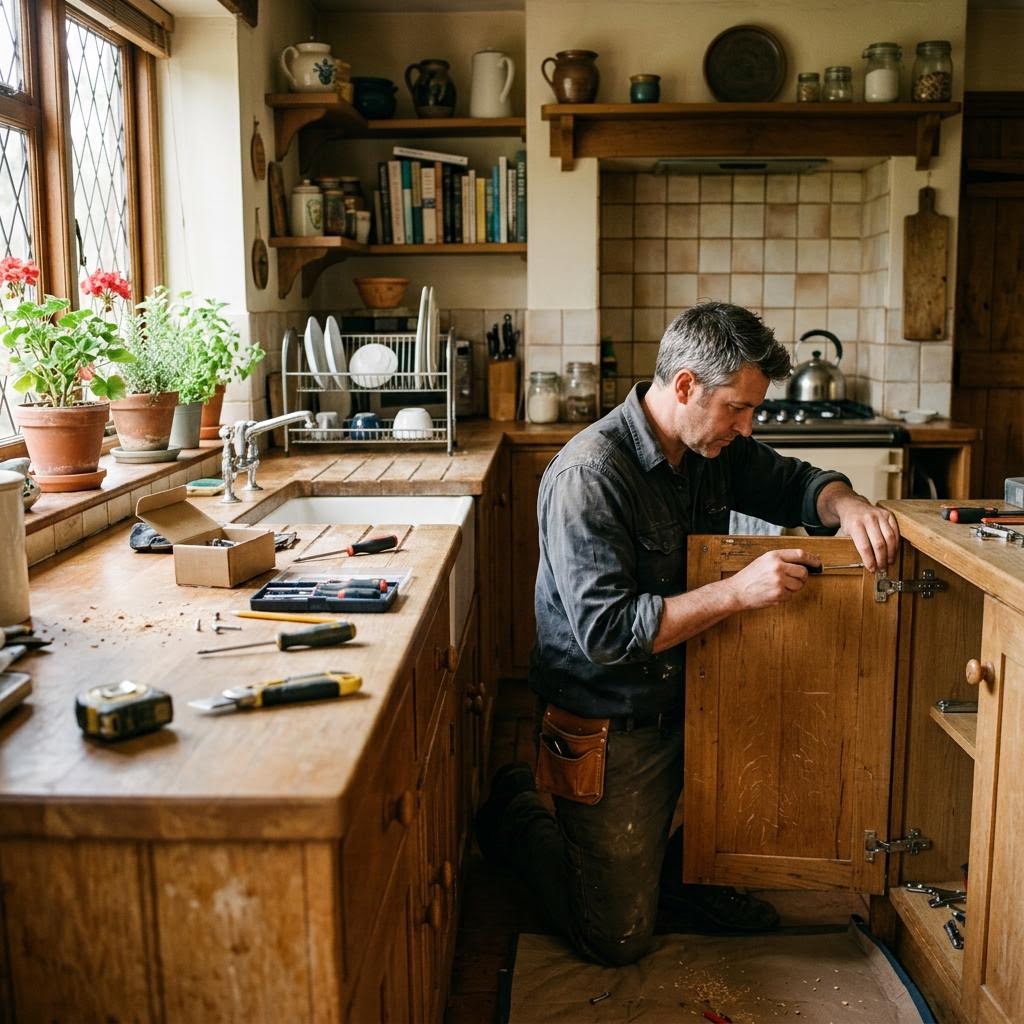 Handyman repairing a wooden cabinet door with a screwdriver