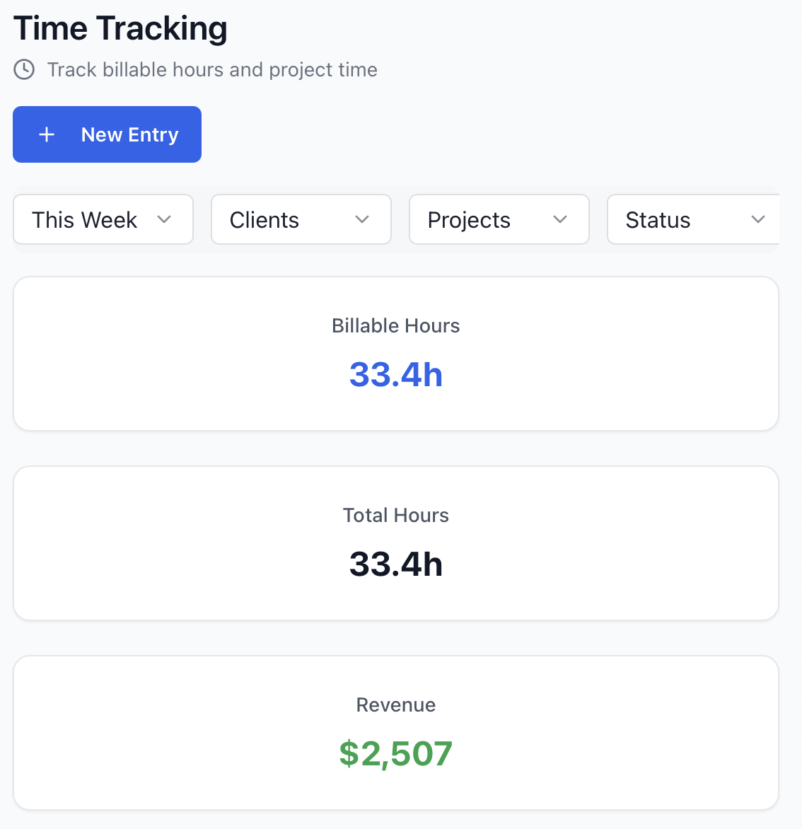JobClocked time tracking screen with project records and time entries