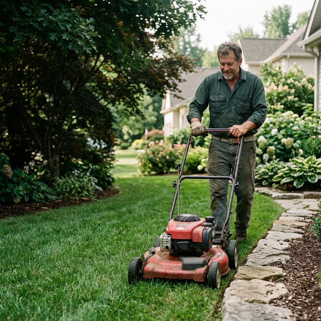 Landscaper mowing a residential lawn beside a stone garden border